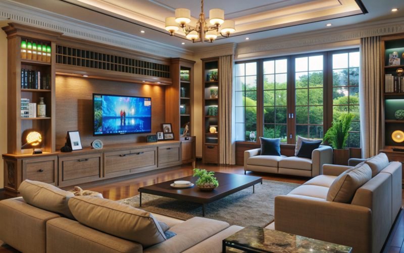 Modern living room with large windows and comfortable furniture.